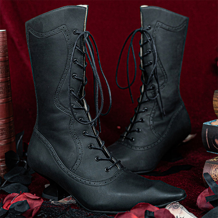 Bottes mi-mollet gothiques victorien à lacets faites à la main pour femmes, bottes de sorcière en cuir mat en noir