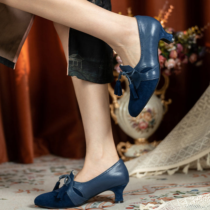 Pompes à lacets à franges brogue vintage faites à la main, chaussures élégantes de style britannique de 50 mm en noir/bleu
