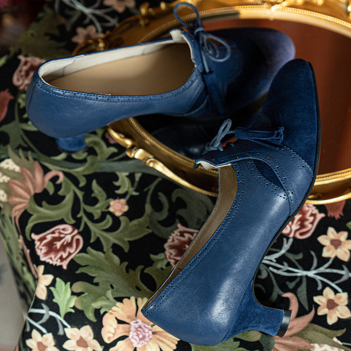 Pompes à lacets à franges brogue vintage faites à la main, chaussures élégantes de style britannique de 50 mm en noir/bleu