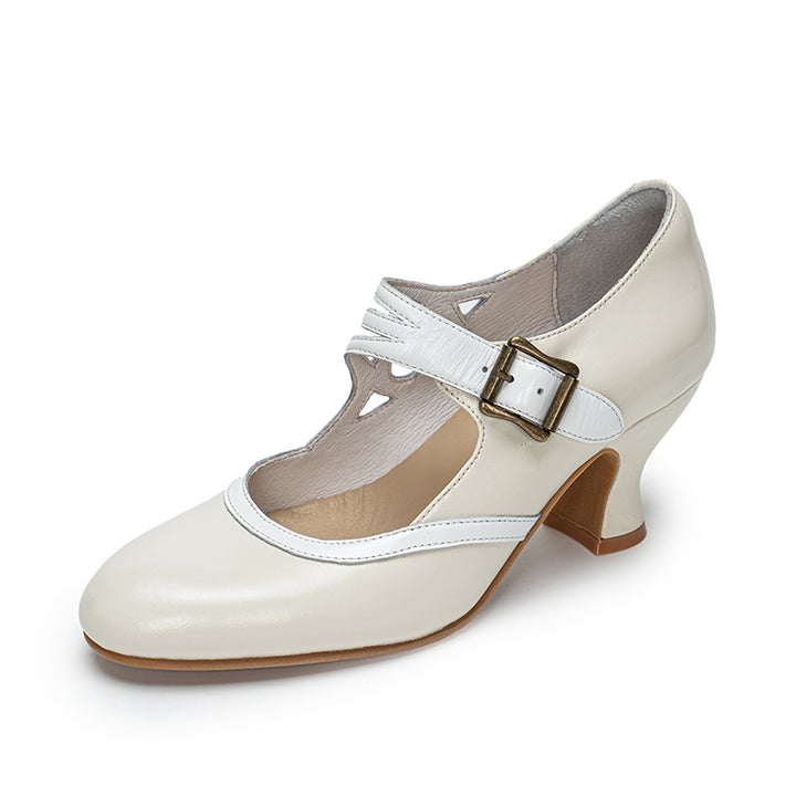 Pompes Mary Jane bicolores vintage faites à la main pour femmes avec boucle en métal en noir/beige/marron