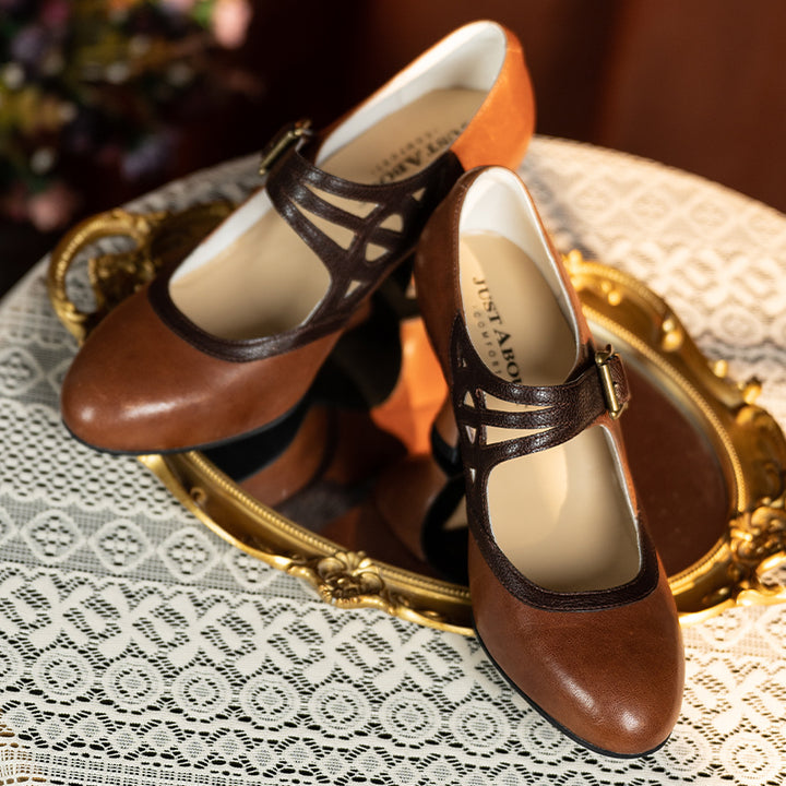 Pompes Mary Jane bicolores vintage faites à la main pour femmes avec boucle en métal en noir/beige/marron