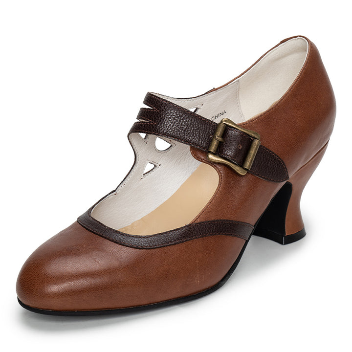 Pompes Mary Jane bicolores vintage faites à la main pour femmes avec boucle en métal en noir/beige/marron