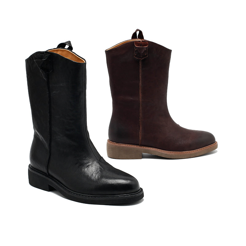 Bottes western rétro en cuir pour femmes, bottes décontractées mi-mollet en noir/caramel/marron rouge