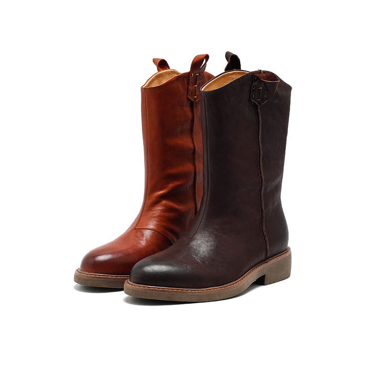 Bottes western rétro en cuir pour femmes, bottes décontractées mi-mollet en noir/caramel/marron rouge