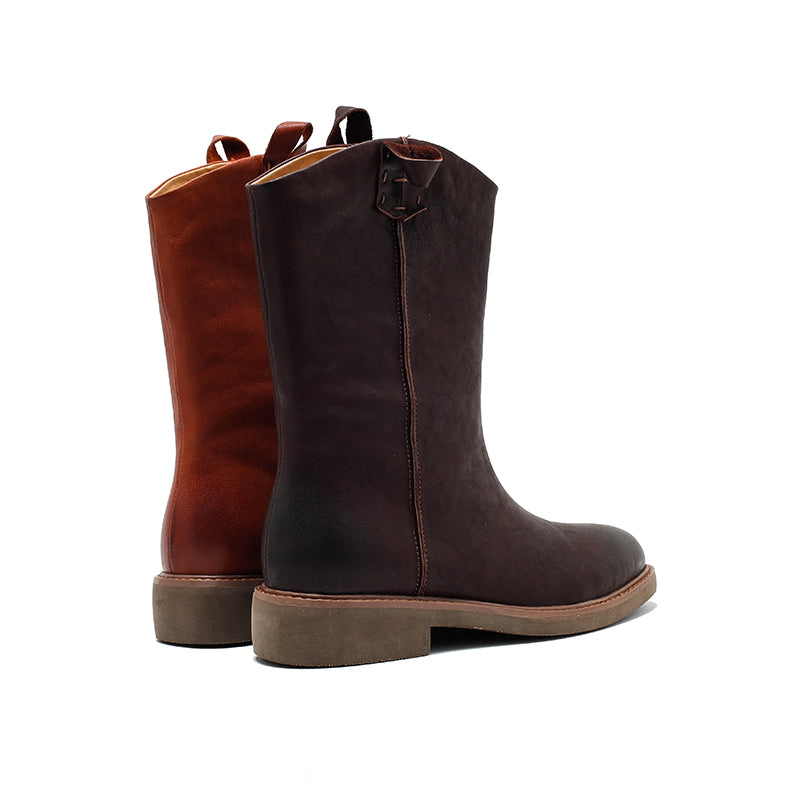 Bottes western rétro en cuir pour femmes, bottes décontractées mi-mollet en noir/caramel/marron rouge