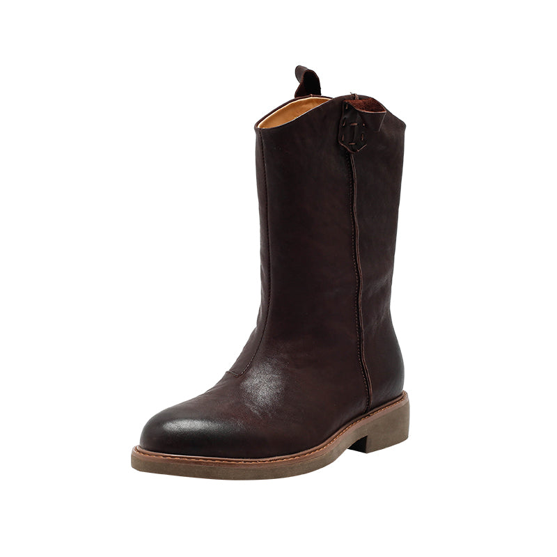 Bottes western rétro en cuir pour femmes, bottes décontractées mi-mollet en noir/caramel/marron rouge