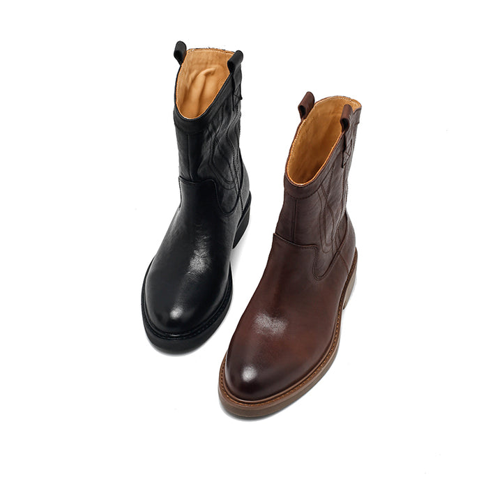 Bottes courtes western décontractées en cuir pour femmes en marron rouge/noir