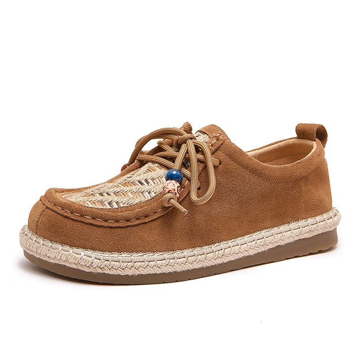 Chaussures oxford espadrille bohémiennes pour femmes, chaussures décontractées en cuir suédé à lacets en café/caramel/abricot