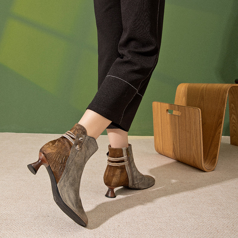 Bottes courtes en cuir pleine fleur élégantes pour femmes, bottes vintage à deux tons avec fermeture éclair latérale en gris