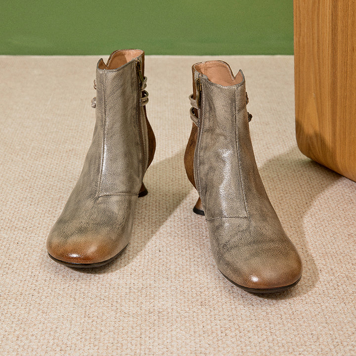 Bottes courtes en cuir pleine fleur élégantes pour femmes, bottes vintage à deux tons avec fermeture éclair latérale en gris