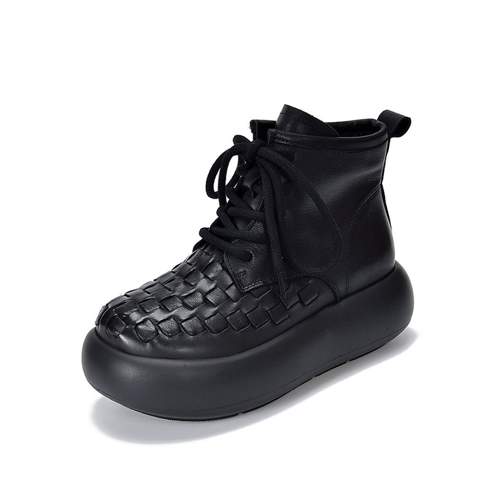 Vintage Lace-Up Side Zip Platform Boots 55mm Casual Woven Leather Short Boots in Black/Brown