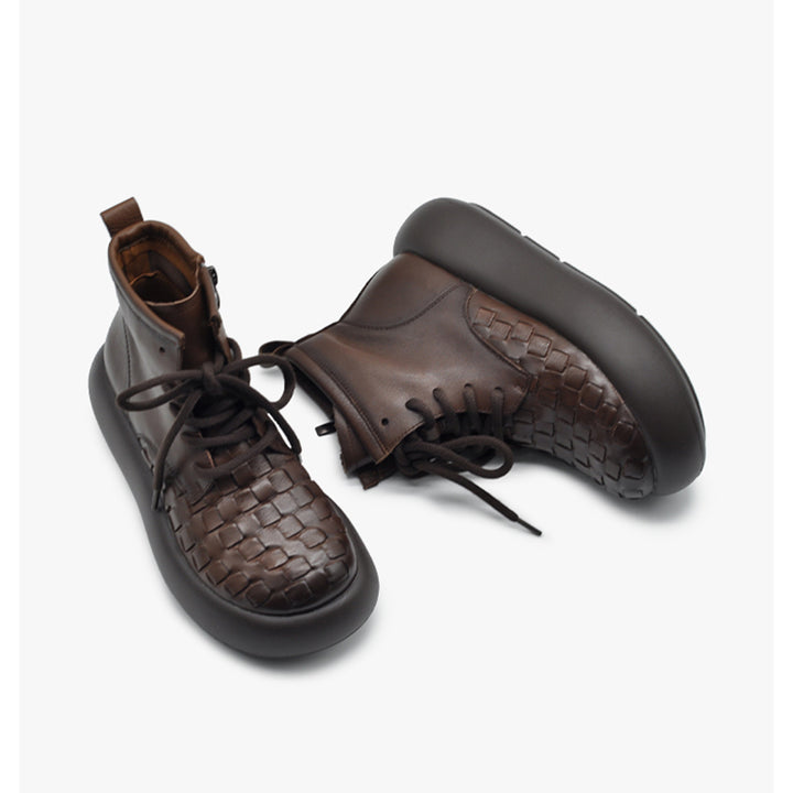 Vintage Lace-Up Side Zip Platform Boots 55mm Casual Woven Leather Short Boots in Black/Brown