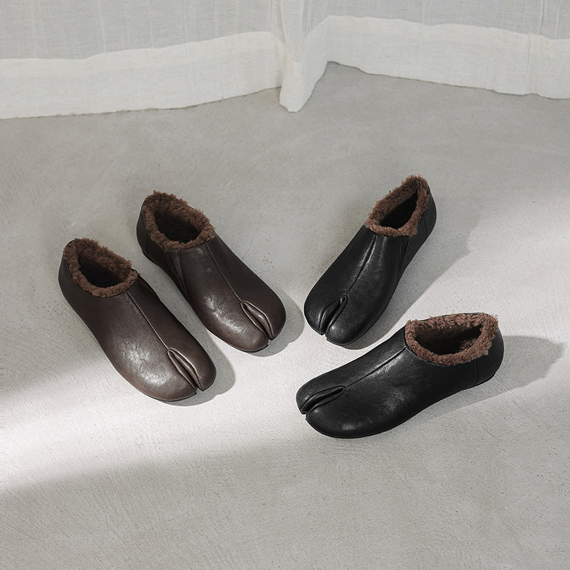 Bottines à bout fendu Tabi en cuir de vache pour femmes, doublées en polaire, chaussures décontractées en noir/marron