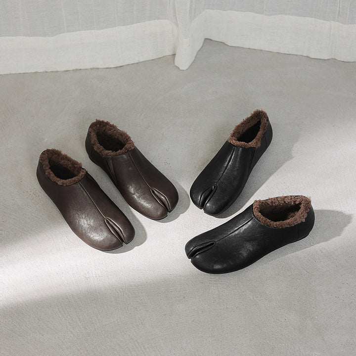 Bottines à bout fendu Tabi en cuir de vache pour femmes, doublées en polaire, chaussures décontractées en noir/marron