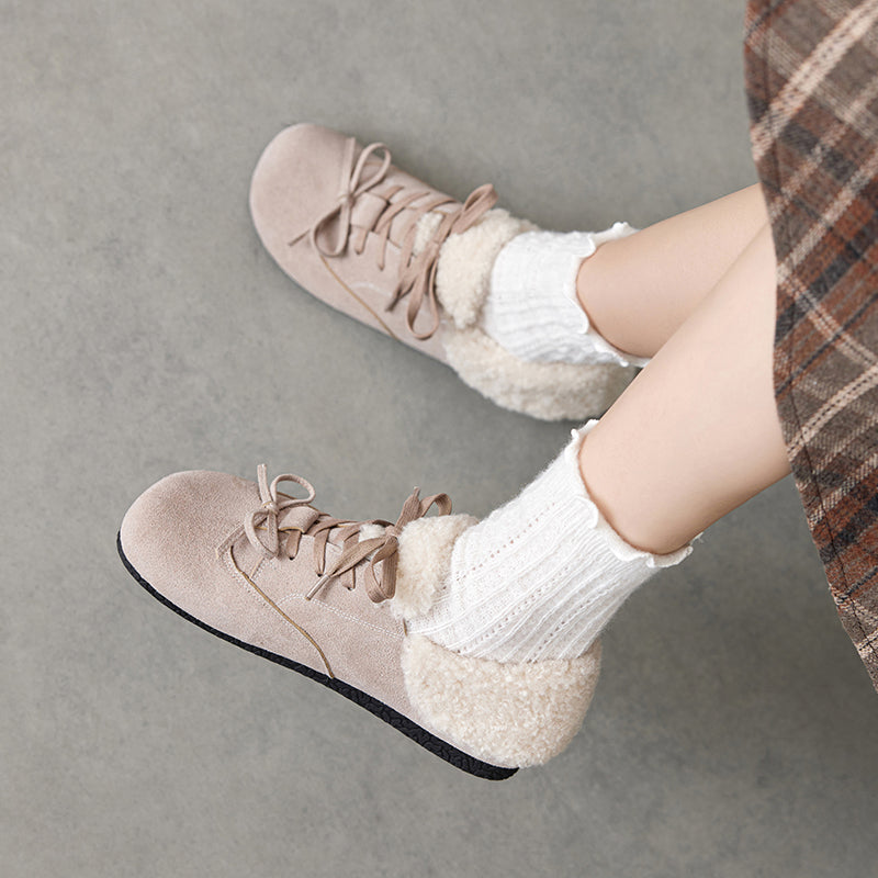 Chaussures Oxford plates à lacets avec nœud shaggy pour femmes en noir/marron/abricot