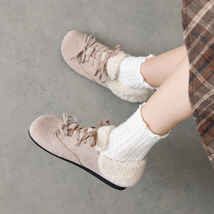 Chaussures Oxford plates à lacets avec nœud shaggy pour femmes en noir/marron/abricot