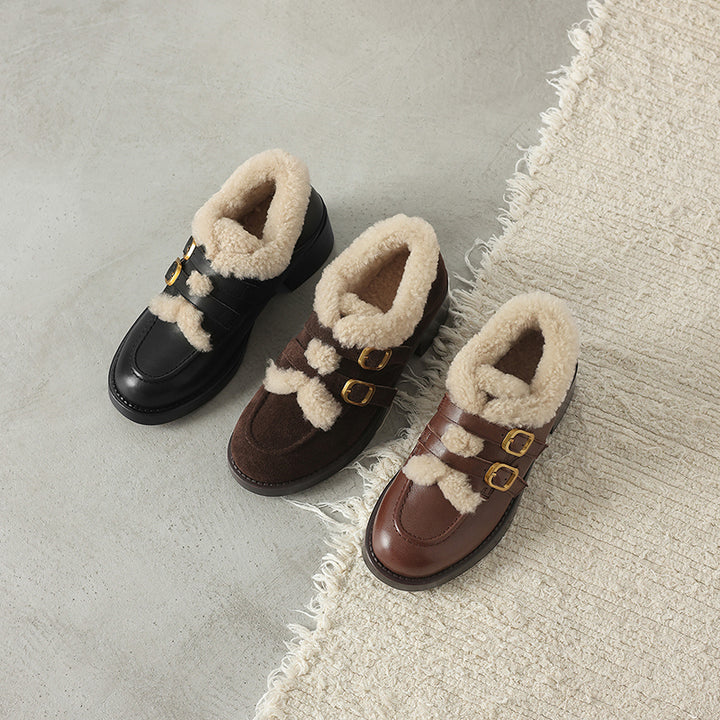 Mules en cuir shaggy pour femmes avec doubles boucles en métal en noir/marron/café