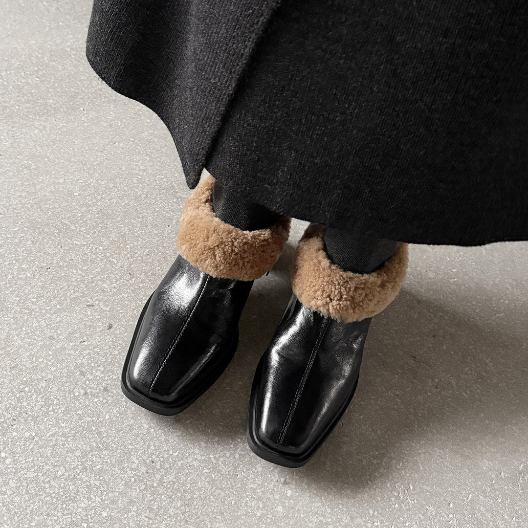 Pompes à bout carré en cuir de mouton vintage avec talon bloc de 50 mm, zip latéral, en noir/marron