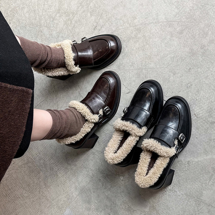 Mocassins en cuir vintage à boucle monk avec talon bloc de 75 mm, style britannique, en noir/marron