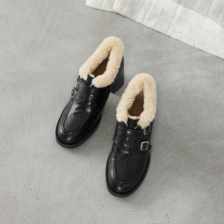 Mocassins en cuir vintage à boucle monk avec talon bloc de 70 mm, style britannique, en noir/marron