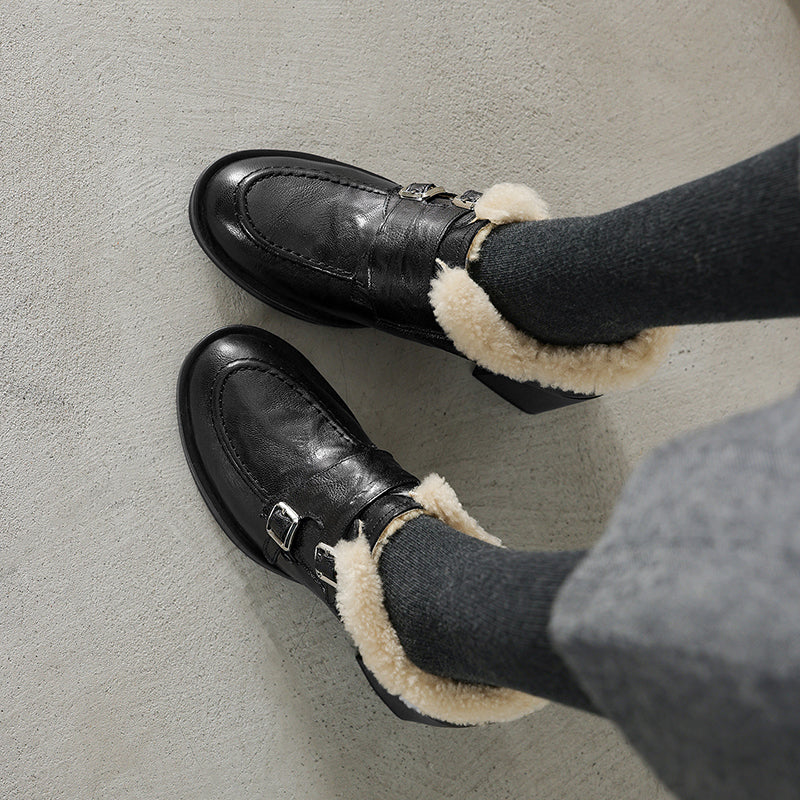 Mocassins en cuir vintage à boucle monk avec talon bloc de 70 mm, style britannique, en noir/marron