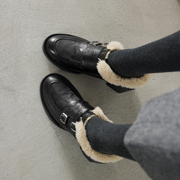 Mocassins en cuir vintage à boucle monk avec talon bloc de 70 mm, style britannique, en noir/marron