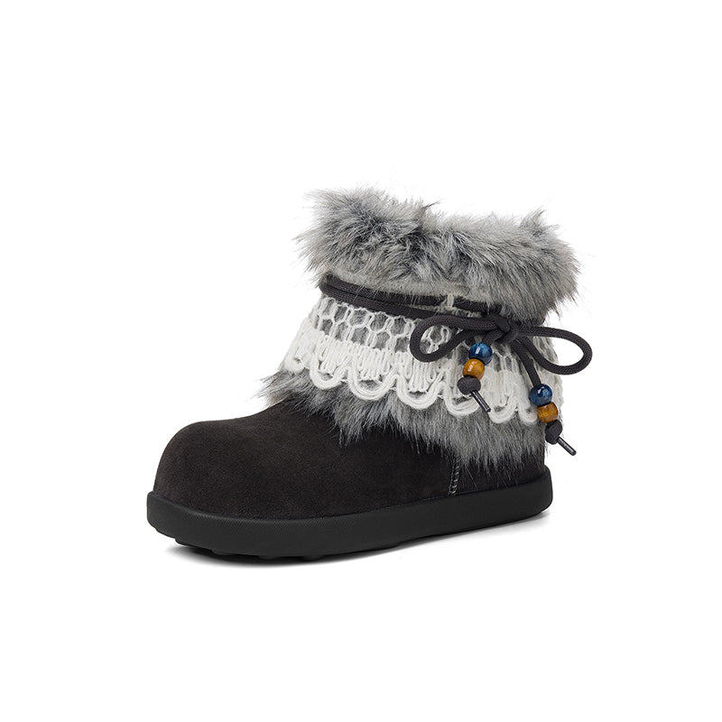 Bottes de neige en suède de vache à la mode avec fourrure shaggy amovible en gris foncé/kaki