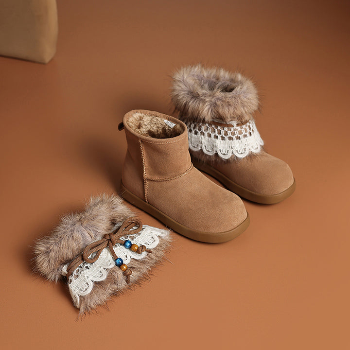 Bottes de neige en suède de vache à la mode avec fourrure shaggy amovible en gris foncé/kaki