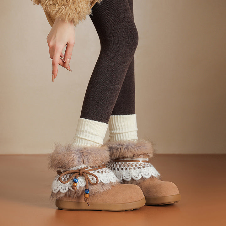 Bottes de neige en suède de vache à la mode avec fourrure shaggy amovible en gris foncé/kaki