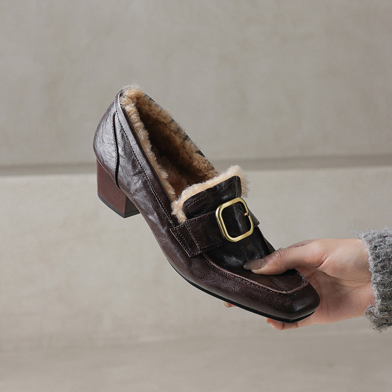 Mocassins en cuir de mouton à bout carré de style britannique avec boucle, chaussures de travail pour l&