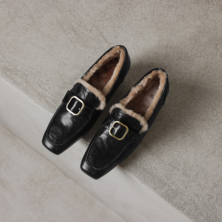Mocassins en cuir de mouton à bout carré de style britannique avec boucle, chaussures de travail pour l&