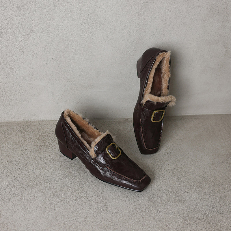 Mocassins en cuir de mouton à bout carré de style britannique avec boucle, chaussures de travail pour l&