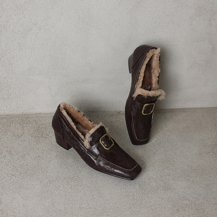 Mocassins en cuir de mouton à bout carré de style britannique avec boucle, chaussures de travail pour l&