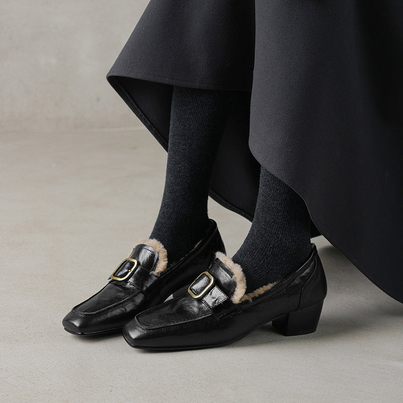 Mocassins en cuir de mouton à bout carré de style britannique avec boucle, chaussures de travail pour l&