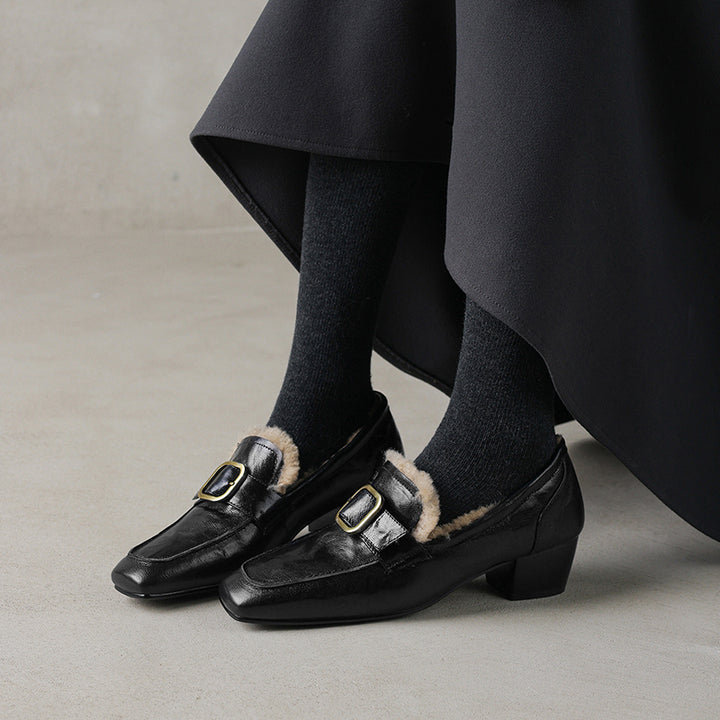 Mocassins en cuir de mouton à bout carré de style britannique avec boucle, chaussures de travail pour l&