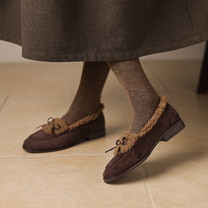 Mocassins en cuir suédé vintage à nœud, shaggy, slip-on, décontractés en noir/marron