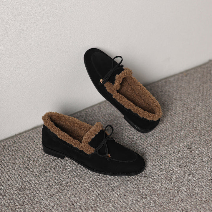 Mocassins en cuir suédé vintage à nœud, shaggy, slip-on, décontractés en noir/marron