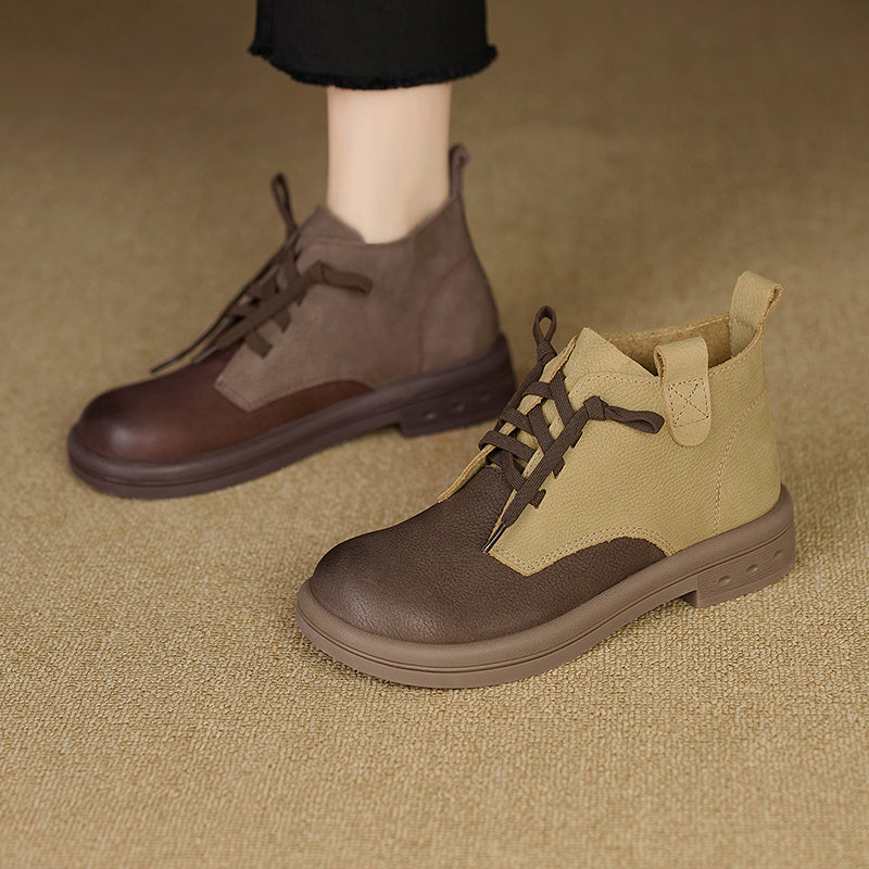 Bottines Oxford à lacets en cuir pleine fleur pour femmes, en cuir de vache, décontractées, en marron café/olive