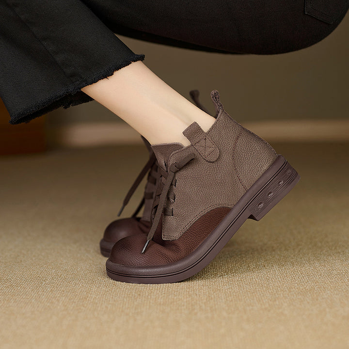 Bottines Oxford à lacets en cuir pleine fleur pour femmes, en cuir de vache, décontractées, en marron café/olive