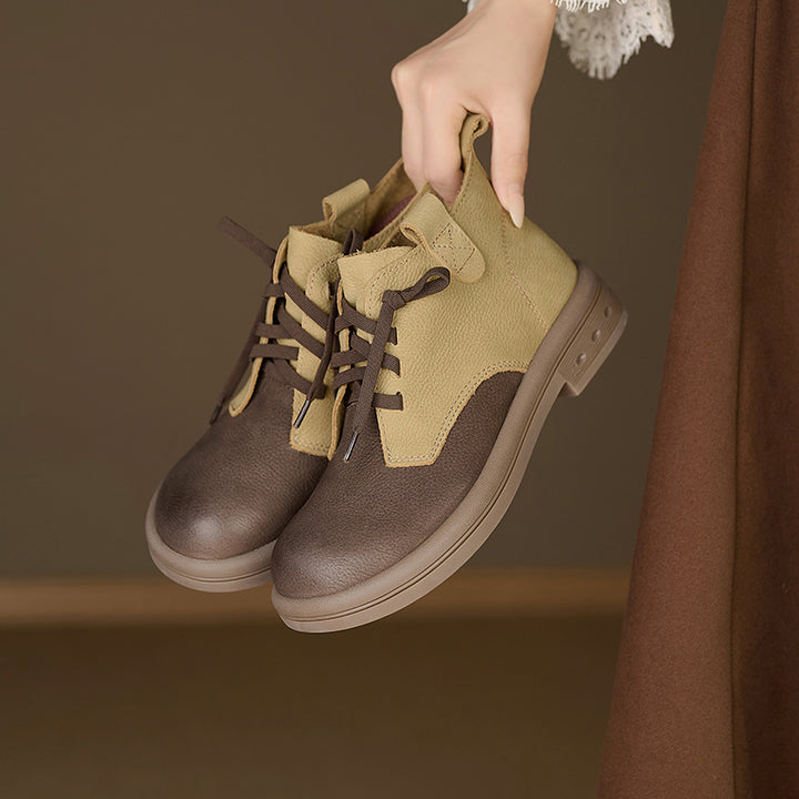 Bottines Oxford à lacets en cuir pleine fleur pour femmes, en cuir de vache, décontractées, en marron café/olive