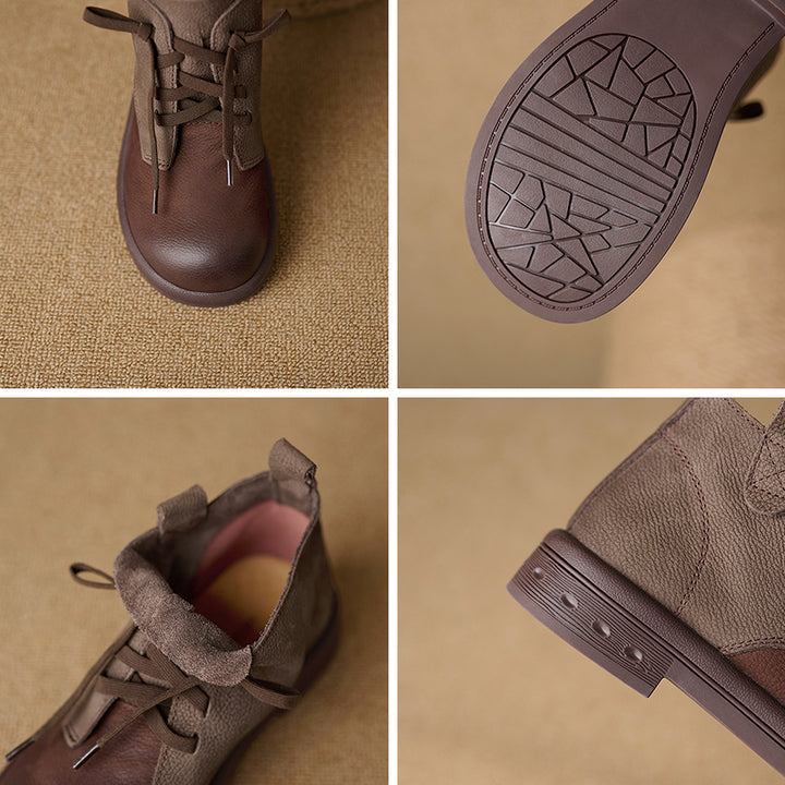 Bottines Oxford à lacets en cuir pleine fleur pour femmes, en cuir de vache, décontractées, en marron café/olive