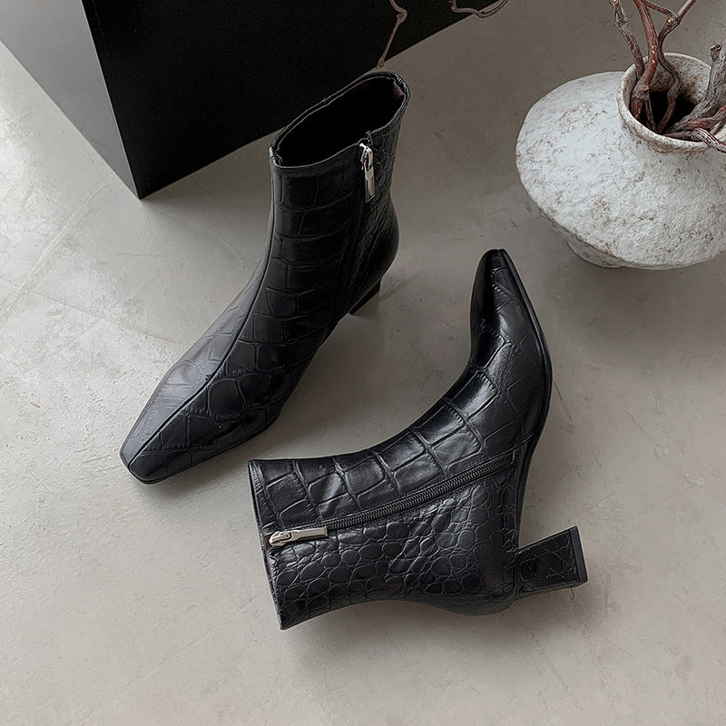 Bottines à zip sur le côté en cuir embossé crocodile à bout carré classique, amincissantes, en noir/marron