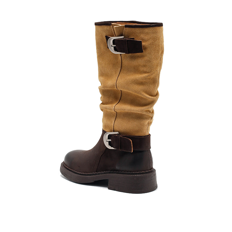 Bottines de motard vintage faites à la main en cuir bicolore, hauteur genou, avec boucles, en café foncé et abricot foncé