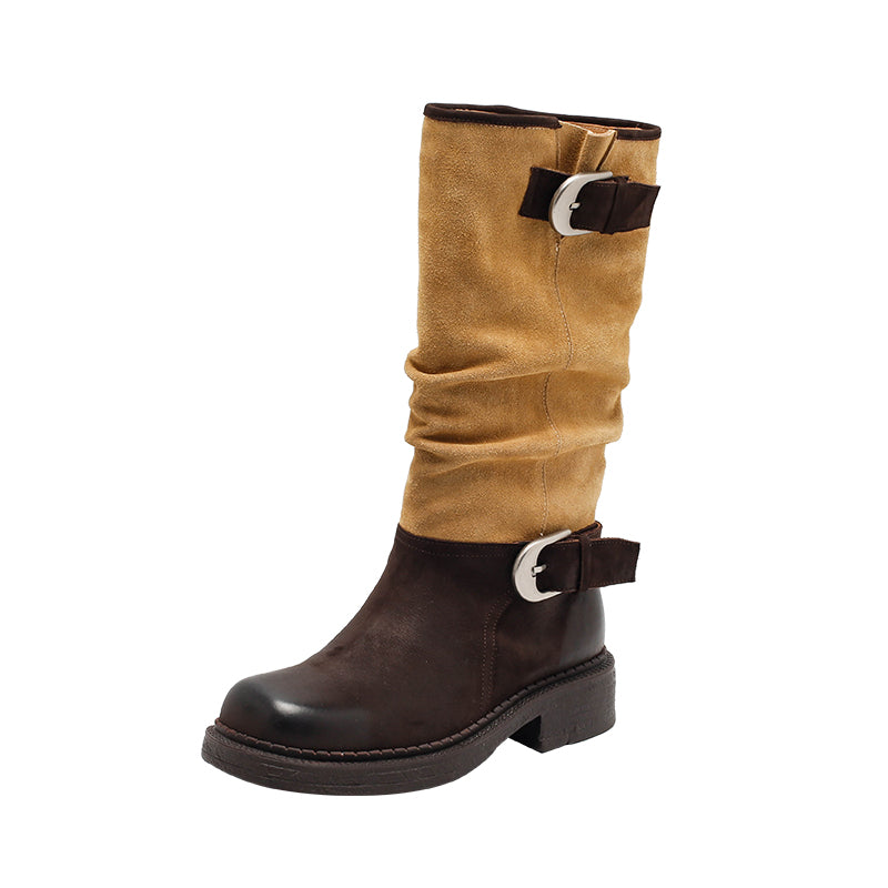 Bottines de motard vintage faites à la main en cuir bicolore, hauteur genou, avec boucles, en café foncé et abricot foncé