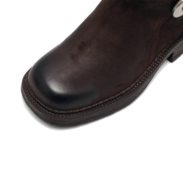 Bottines de motard vintage faites à la main en cuir bicolore, hauteur genou, avec boucles, en café foncé et abricot foncé