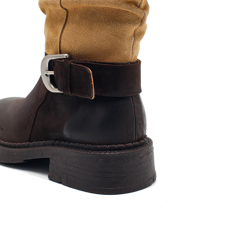 Bottines de motard vintage faites à la main en cuir bicolore, hauteur genou, avec boucles, en café foncé et abricot foncé