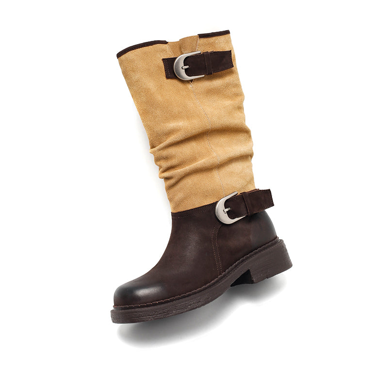 Bottines de motard vintage faites à la main en cuir bicolore, hauteur genou, avec boucles, en café foncé et abricot foncé
