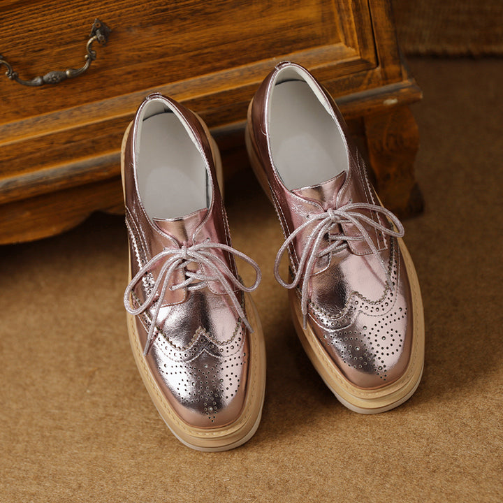 Chaussures Oxford à plateforme en cuir pour femmes, à lacets, avec talons compensés épais, en rose/argent
