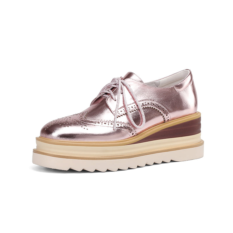 Women’s Leather Wingtip Platform Brogue Oxford Shoes Lace-Up Chunky Wedge Heels in Pink/Silver
