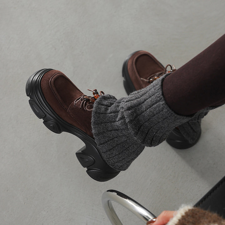 Chaussures Oxford à plateforme épaisse de 75 mm pour femmes, à lacets, en daim de peau de mouton, décontractées, en noir/marron
